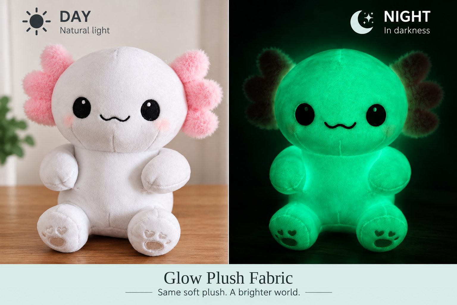 Same axolotl plush in daylight and in darkness, sewn from glow-in-the-dark plush fabric. Application example.