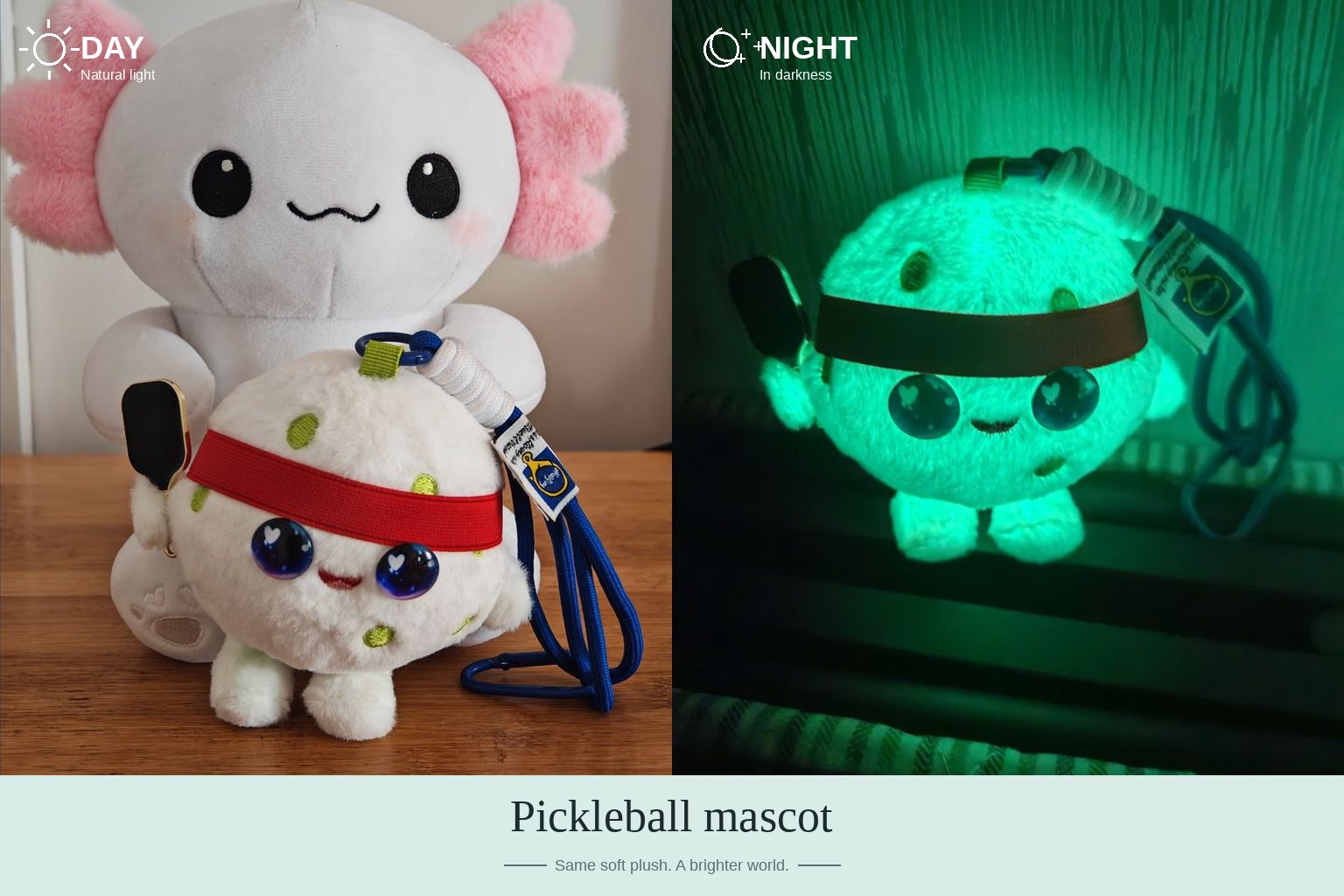 Pickleball mascot plush in daylight and in darkness