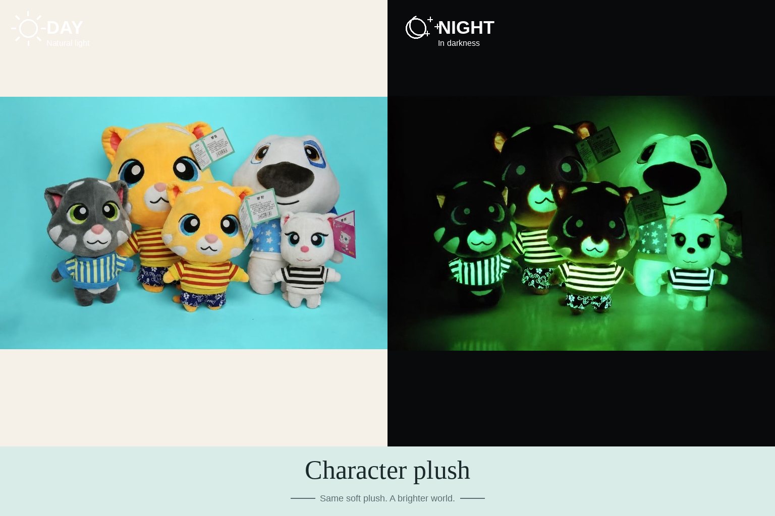 Character plush toys in daylight and in darkness
